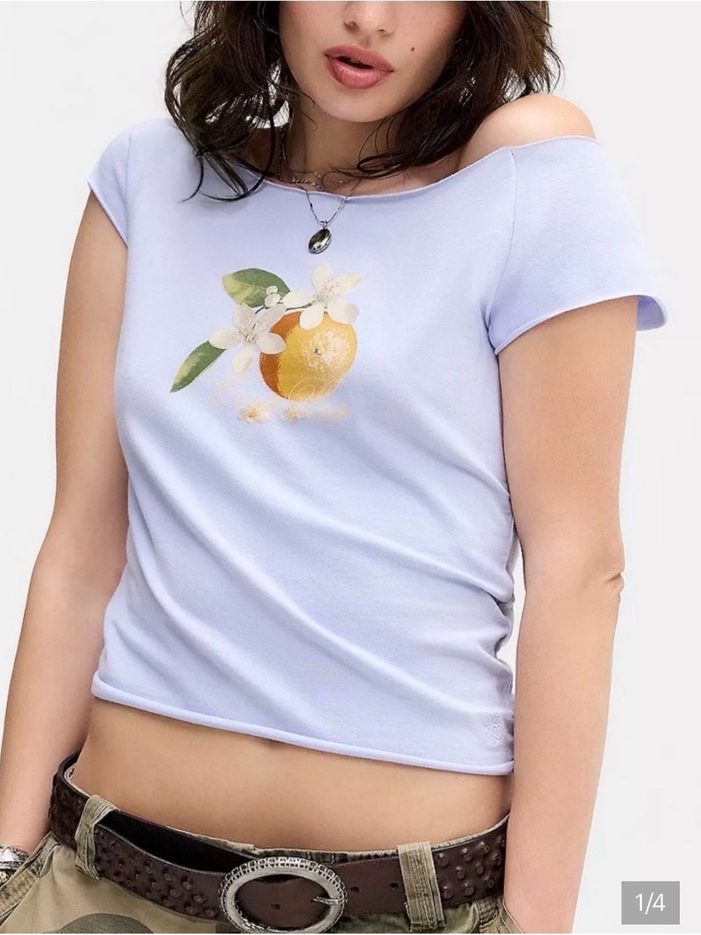 Urban Outfitters Lilac Off-Shoulder Lemon Graphic Crop Top